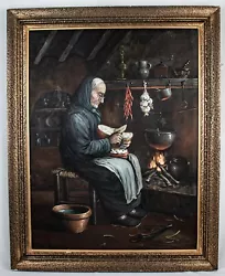 Buy Vintage Old Man Cooking On The Fireplace Cabin Oil Painting Size 29.5 L X 23.5 W • 15,933.08£