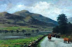 Buy J Gibb Original Antique Oil Painting Highland Cattle By Loch Scottish Landscape • 221£