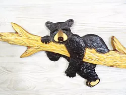 Buy Hand Carved BLACK BEAR CUB Laying On TREE BRANCH Wall Art Wood Carving Chainsaw • 78.55£