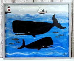 Buy Original Naive Whale Painting Folk Art Seaside Coast In Primitive Wooden Frame • 125£