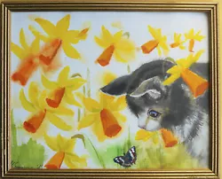 Buy Vintage Painting Cat Kitten Butterfly In Daffodils Gouache Framed 22 X 27 Cm • 23.18£