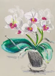 Buy Orchid Painting White Floral Original Wall Art Flower Oil Pastel Artwork 12x8'' • 29.03£