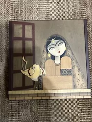 Buy Vintage 1990s Persian Girl With Yellow Canary Art Painting On Wood Relief Board • 41.34£