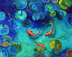 Buy KOI FISH AND WATER LILIES ORIGINAL OIL 40 X 50 CM PAINTING OBK ART 20% OFF SALE • 169£