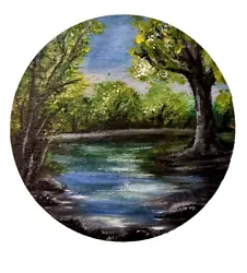 Buy Original Trees And Lake Odern Painting. Hand Painted On Round Wooden Board 10 Cm • 9.77£