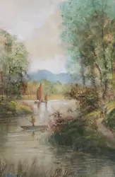 Buy E Lewis C19 Signed Original Antique Watercolour Painting Fishing Lake Landscape • 35£