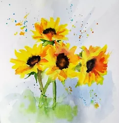 Buy Sunflowers, Watercolor Painting On Paper SIGNED By Artist Flower Original Art  • 28.94£