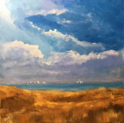 Buy Cape Cod Dunes & Clouds With Sailboats Original 14x14 Acrylic Painting On Canvas • 236.25£