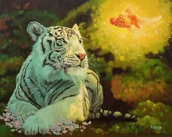 Buy White Tiger And Goldfish, Original Fantasy Artwork Oil Painting, 16''x20  • 1,417.49£