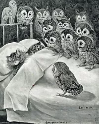 Buy Louis Wain Cat Nightmare Owl Bird Painting 8x10 Real Canvas Giclee Art Print • 11.84£