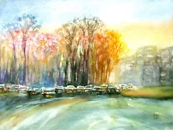 Buy Sunset In City Cityscape Original Watercolor Painting On Paper 9x12 Inches • 24.50£