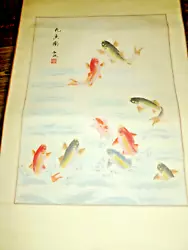 Buy VINTAGE Asian SCROLL PAINTING KOI CARP FISH Pond INK PAPER SILK Signed Painting • 41.92£