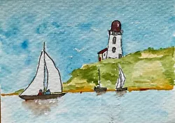 Buy Original Watercolour ACEO Of Lighthouse. Pen And Wash Sail Boats And Lighthouse. • 3£