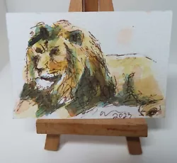 Buy ACEO Art Card Lion Rest Original Watercolour Painting With Ink Animal Cat • 5£