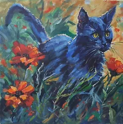 Buy Black Cat Painting Original Animal Pet Feline Kitten Impressionism Collectible • 183.77£
