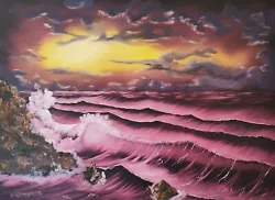Buy Sunset Over The Waves Bob Ross Style Painting Oil Canvas 18x24 Inch Deep Edge 3D • 85£