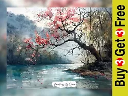 Buy Cherry Blossoms River Scene Watercolor Painting Print 5 X7  On Matte Paper • 4.99£
