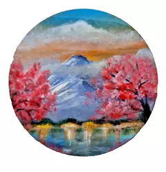 Buy Original Mountain Cherry Blossom Hand Painted On Round Wooden Board 10 Cm • 9.77£