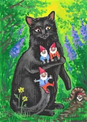 Buy 5X7 PRINT OF PAINTING RYTA GNOME BLACK CAT ENCHANTED FOREST Garden Art Flower 🌺 • 7.57£