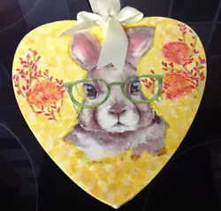 Buy Large Wood Heart Decoupage Rabbit Painted Background Ribbon By Anita Easter • 4£