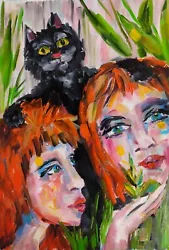 Buy Original Art Abstract Modern Women Oil Portrait Black Cat Whimsical Painting • 48.11£