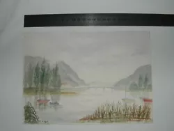 Buy BOATS ON A RIVER WITH MOUNTAIN HILL BRIDGE Scottish Vintage Watercolour Painting • 2£