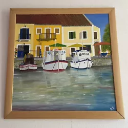 Buy Framed Waterside Scene With Boats And People Dining 25” H X 24.75” W  Signed • 52£