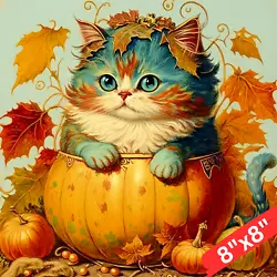 Buy Louis Wain Cute Pet Cat Thanksgiving Pumpkin Painting 8x8 Canvas Art Print • 11.84£