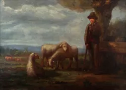 Buy A YOUNG SHEPHERD WITH SHEEP | 19th Century Antique Landscape Oil Painting • 45£