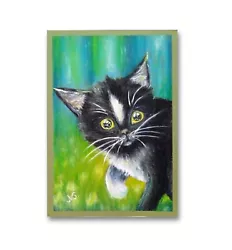 Buy Black Cat Painting Pet Portrait Original  Art Hunter Kitten Oil Pastel 11,5x8,5  • 41.34£
