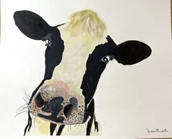Buy Original Farm Animal Cheeky Cow Acrylic Painting On Paper Unframed 9x11 Inches • 8.99£