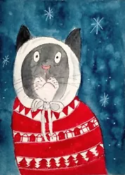 Buy NEW! ACEO  Original Handmade Painting Big Funny Cat Feline  CHRISTMAS Snowflakes • 7.10£