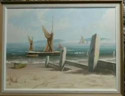 Buy Original Oil Painting Signed Framed Seascape Seaside Boats Hills Beach Clouds  • 120£