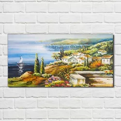 Buy Glass Print 100x50 Painting Coast Village Boats Flowers Wall Art Home Decor  • 89.99£
