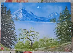 Buy Bob Ross Inspired Wet On Wet Technique Mountain  Lake  Evergreen Trees In Oil A4 • 15£