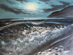 Buy Black White Blue Sea Side Scape Ocean Waves Large Oil Painting Canvas Original • 21.95£