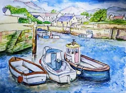 Buy 8x6 Print. Watercolour & Ink. Annalong Harbour- County Down- Boats, Fishing • 4.99£