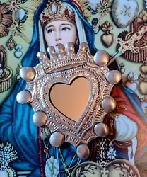Buy Small Mexican Natural Silver Tin Heart Milagro Mirror Handcut & Painted Folk Art • 11£
