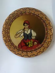 Buy Vintage Romanian Peasant Girl Painting Wooden Plate 22.5cm Dia July 1992 (Stub) • 4.99£