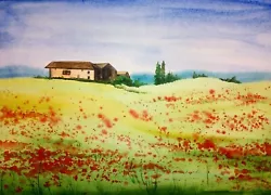 Buy Landscape Watercolor Field Of Poppies Painting Art Home Decor • 16.54£