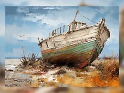 Buy Abandoned Boat On Shore Oil Painting Print - Nautical Art Decor 5  X 7  • 4.99£