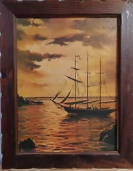 Buy Vintage Oil Print Nautical Sunset In Wood Frame • 25£