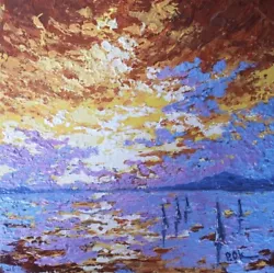 Buy Original Sunset Oil Painting Ocean Sailboats Colorful Clouds Seascape • 103.52£