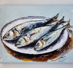 Buy Original Oil Painting Still Life Fish On Canvas Sardines Art Food Kitchen Art • 85.50£