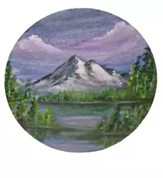 Buy Original Mountain Trees Painting, Hand Painted On Round Wooden Board 10 Cm • 9.77£