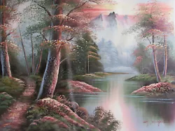 Buy Mountain Landscape Large Oil Painting Canvas Art Forest Trees River Woods Lake • 23.95£