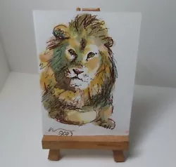 Buy ACEO Art Card Lion Sitting Original Watercolour Painting With Ink Animal Cat • 5£