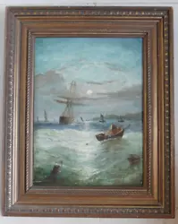 Buy Antique Nautical Oil Painting Night Scene At The Sea Fishing Boats Restoration • 250£
