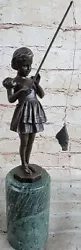 Buy Preiss Vienna Bronze Little Girl Fishing Figurine Sculpture On Green Marble Base • 82.27£