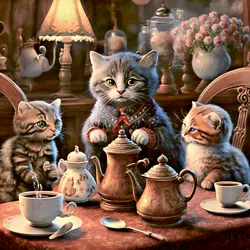 Buy Louis Wain Cute Pet Cat Kitten Tea Party Painting 8x8 Real Canvas Art Print • 11.84£